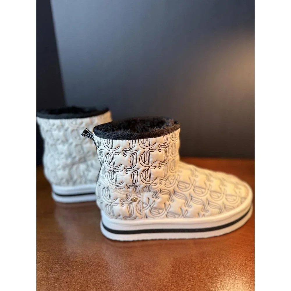 Juicy Couture Winter Boots – White/Black Monogram Print Cozy Faux Fur Lined